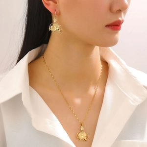 Vintage Löwe Sonne Krone Anhänger Halskette Ohrringe Schmuckset Edelstahl Zinklegierung Punk Royal Vergoldeter Schmuck