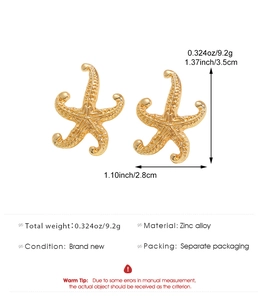 Zinc alloy starfish earrings in gold finish with size and weight measurements listed