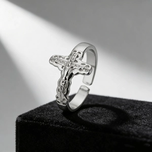 Kruzifix Ring 304 Edelstahl Jesus Christus Am Kreuz Relief Offen Einstellbar Religiöser Neutraler Schmuck Für Herren Damen