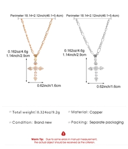 Detailed size and material specs for gold and silver micro-pave zircon cross necklaces