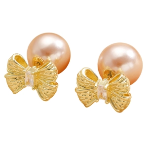 French vintage bow earrings with champagne pearls and cubic zirconia in gold plating