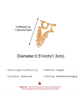 Detail view of gold fingernail ring with cubic zirconia inlay showing dimensions 2.6cm x 1.3cm