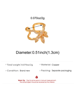 Detailed specs of gold bow knot ring with zircon inlay showing copper material and size