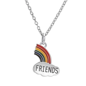 Detail of silver rainbow cloud necklace with colorful enamel and FRIENDS engraving