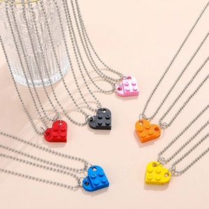 Colorful heart-shaped building block pendant necklaces with classic metal ball chains