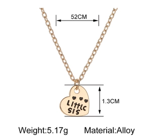 Detail showing gold Little SIS heart necklace dimensions, alloy material and weight specs