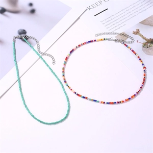 Bohemian beaded necklace set with colorful seed beads and silver lobster clasp