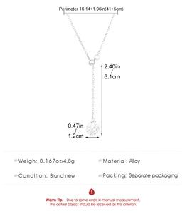 Silver Y-necklace with crystal ball pendant showing chain length and 6.1cm drop detail