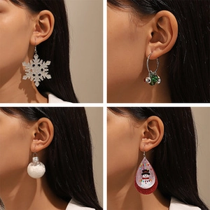 Detail view of festive Christmas earrings including snowflakes, bells and snowman patterns