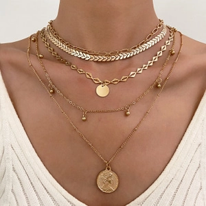 Detail view of layered gold necklaces with coin pendants on a textured white sweater