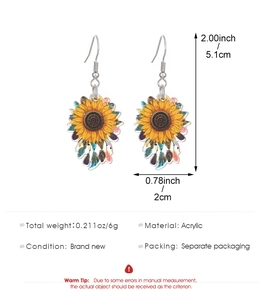 Detailed sizing chart for acrylic sunflower and feather drop earrings with dimensions