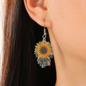 Detail shot of a sunflower acrylic earring worn on ear with silver metal hooks