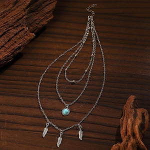 Detailed macro of vintage bohemian three-layer necklace with turquoise and feather pendants