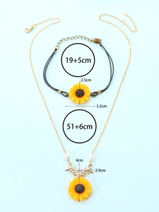 Detail showing sunflower necklace and woven bracelet with dimensions for student jewelry