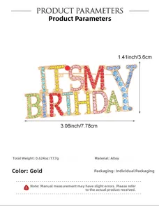 Macro view of It's My Birthday brooch with colorful rhinestones and gold plating