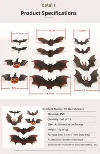 Detailed size chart for 12pcs 3D PVC Halloween bat wall stickers with measurements