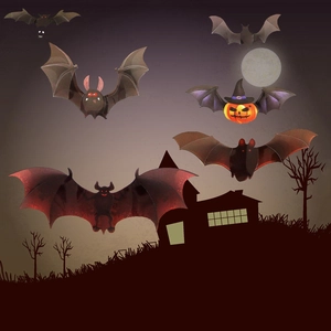Detailed 3D PVC Halloween bat wall stickers with pumpkin and wizard hat patterns