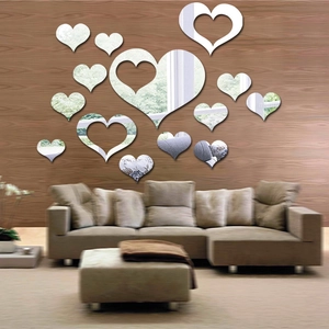 16-piece silver acrylic heart mirror wall stickers for home living room decor