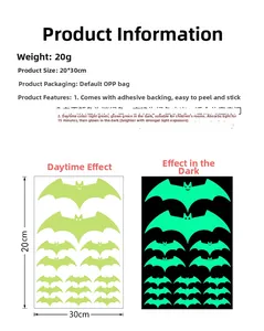 Luminous Halloween bat wall stickers with glow effect and product size specifications