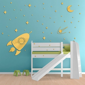 Space Rocket Moon Star Acrylic Mirror Wall Sticker For Kids Room Bedroom Modern DIY 3D Mirror Surface Decorative Wall Decal