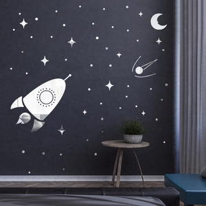 Space rocket acrylic mirror wall stickers set with moon and stars for kids room decor