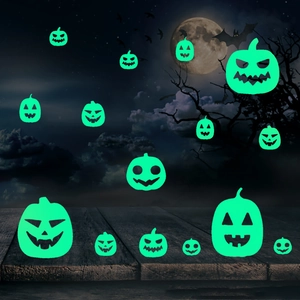 Detail of glow-in-the-dark Halloween pumpkin wall stickers with green fluorescent effect