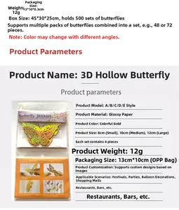 Detailed size guide for 12pcs gold 3D hollow butterfly wall stickers with varied dimensions