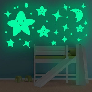 Glow in the dark wall stickers featuring smiley stars and moon for kids bedroom decor