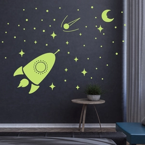 Stickers muraux lumineux avec fusée, lune et étoiles brillantes pour chambre d'enfant