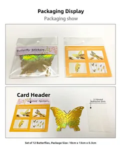 Detailed view of the 12-piece gold 3D hollow butterfly wall sticker set with packaging