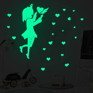Stickers muraux fluorescents avec silhouette de fille et cœurs pour chambre d'enfant