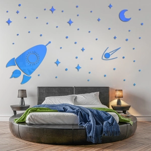 Blue acrylic mirror wall stickers with spaceship rocket moon and stars for kids room