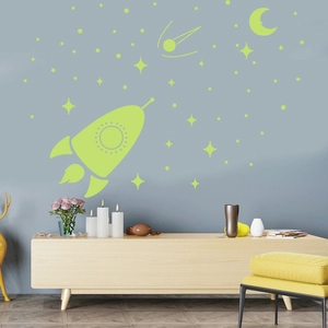 Stickers muraux phosphorescents avec fusée lune et étoiles pour chambre d'enfant