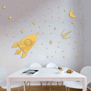 Golden acrylic mirror spaceship and stars wall stickers for children nursery decor