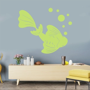 Luminous koi fish wall sticker with fluorescent bubbles on a modern grey-blue living room wall