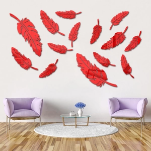 Stickers muraux plumes 3D miroir rouge pour décoration intérieure en acrylique brillant