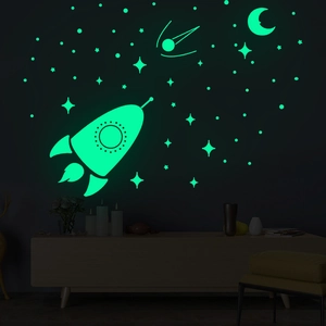 Stickers muraux vaisseau spatial et étoiles brillants dans une chambre sombre