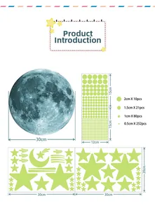 Detailed size specifications for glow in the dark moon, stars, and dots wall stickers