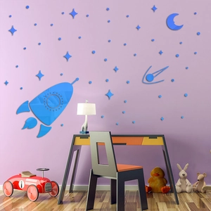 Blue spaceship and moon acrylic mirror wall stickers for kids nursery room DIY decoration