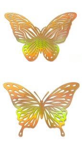 Detail of 3D hollow butterfly stickers with laser gradient gold and green metallic finish