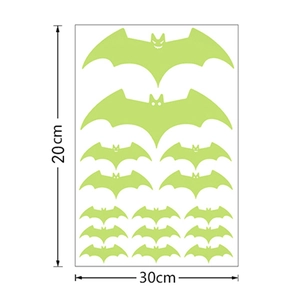 Luminous bat wall stickers for Halloween decor in various sizes on a 30x20cm sheet