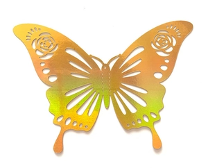 Detail of 3D gold laser-cut butterfly wall sticker with floral hollow pattern and gradient finish