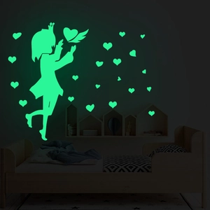 Stickers muraux fluorescents avec silhouette de princesse et cœurs pour chambre d'enfant