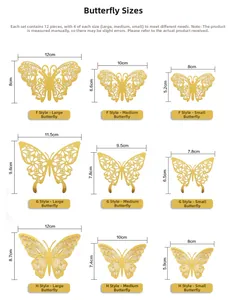 Size chart for 3D hollow butterfly wall stickers showing dimensions for styles F, G, and H