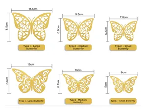 Size chart for 3D hollow butterfly wall stickers with detailed dimensions and patterns
