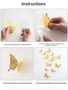 Step-by-step installation guide for 3D hollow gold butterfly wall stickers with adhesive