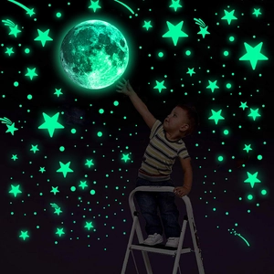 Luminous moon and stars wall stickers set for glowing night sky ceiling decor in kids room
