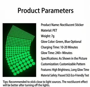Glow in the dark wall stickers showing 240 minute luminous effect and PET material detail