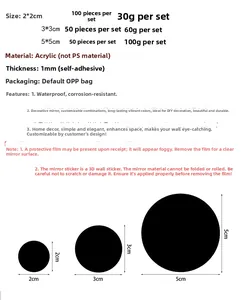 Detailed size chart for round acrylic mirror wall stickers with diameter and set quantity