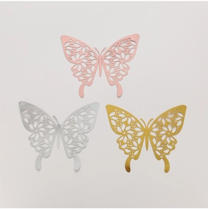 Detailed laser-cut hollow 3D butterflies in pink, gold, and silver metallic finishes